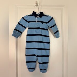 Ralph Lauren Boys Striped Rugby Cotton Coverall Blue Size 6 Months